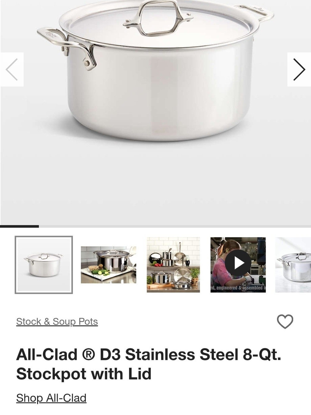 All-Clad D3 8 qt Stainless Steel Stockpot with Lid